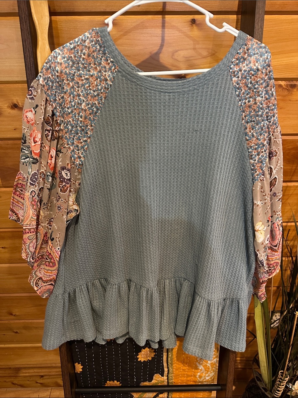 Umgee blue Waffle Knit Peplum Top with Floral Raglan Sleeves